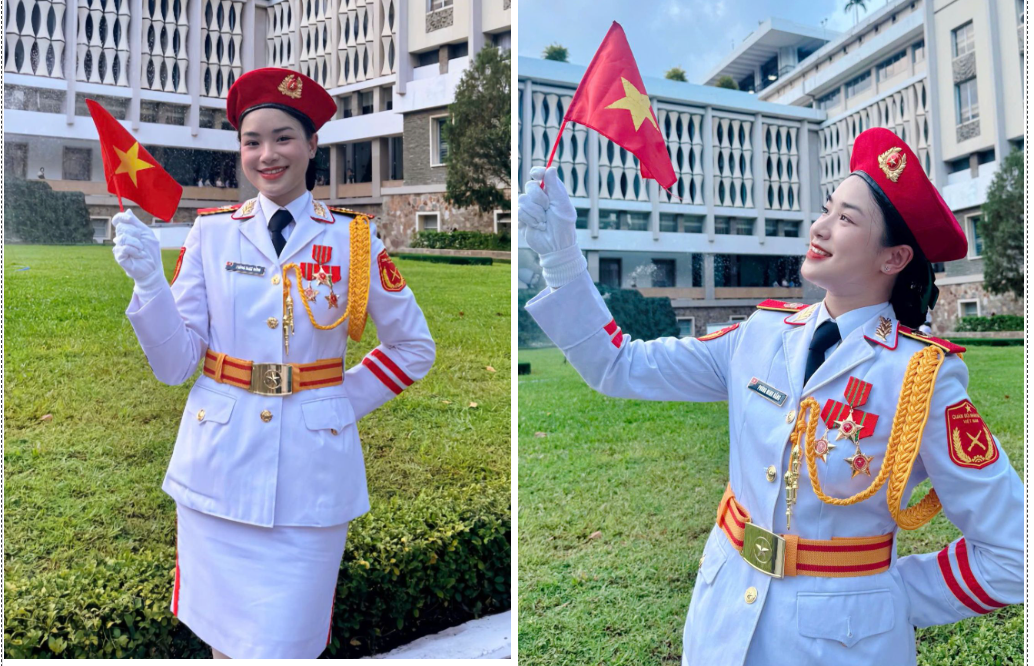 Nữ nhạc công Đoàn nghi lễ Quân đội, Bộ Tổng tham mưu có nhan sắc khả ái, thu hút sự chú ý. Ảnh: NVCC