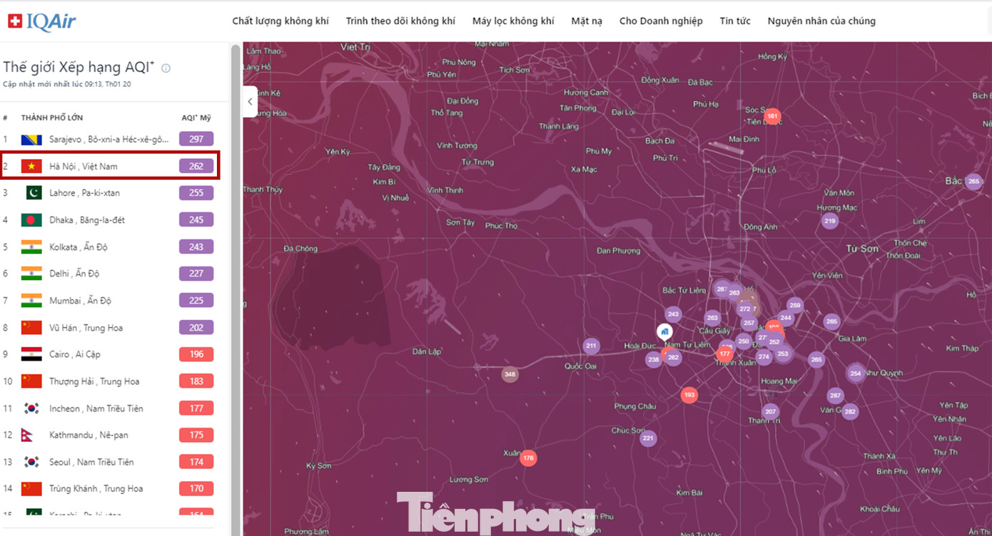 Theo dữ liệu từ trang web IQAir, chỉ số chất lượng không khí (AQI) tại Hà Nội lúc 8 giờ sáng đạt mức 266, thuộc nhóm không tốt cho sức khỏe. (Ảnh: IQAir) Theo dữ liệu từ trang web IQAir, chỉ số chất lượng không khí (AQI) tại Hà Nội lúc 8 giờ sáng đạt mức 266, thuộc nhóm không tốt cho sức khỏe. (Ảnh: IQAir)