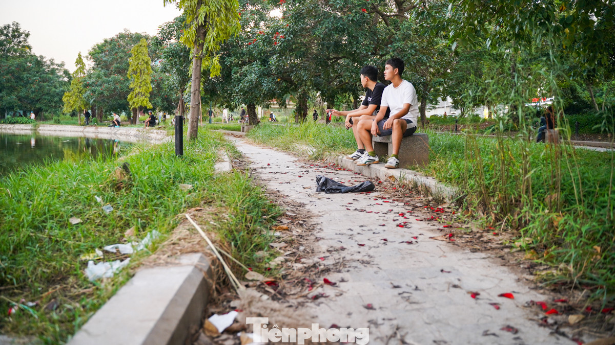 Các khu vực quanh hồ nhiều rác thải, lá khô rơi và cỏ mọc dài.