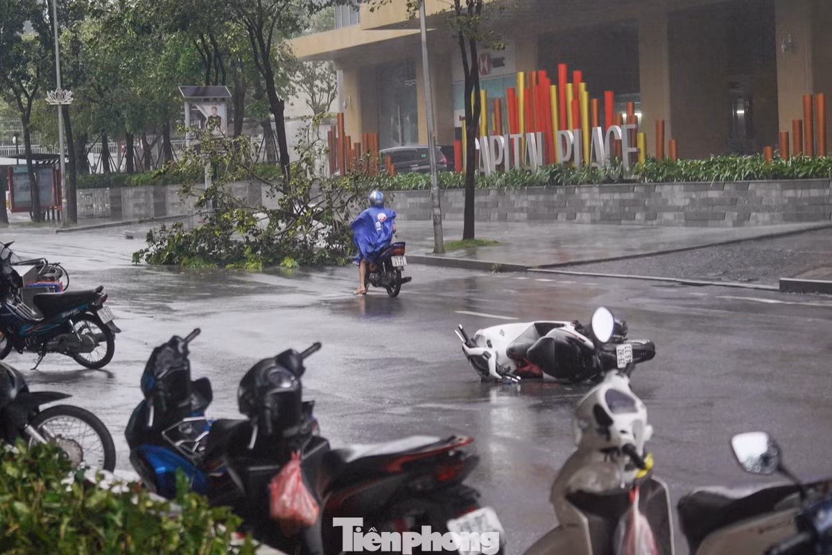 Chiều 7/9, dưới sự ảnh hưởng của bão số 3, nhiều khu vực tại Hà Nội phải hứng chịu những cơn mưa lớn kèm theo gió giật mạnh. Tại ngã tư Liễu Giai - Đào Tấn, gió giật mạnh đến mức nhiều người điều khiển phương tiện khi đi qua đây đã bị quật ngã, xe cộ đổ ngổn ngang trên đường.