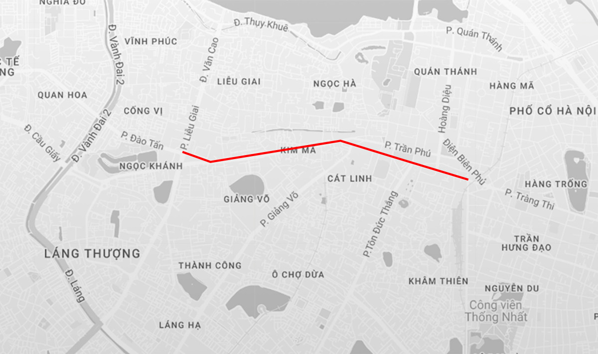 Bản đồ vị trí thường xuyên ùn tắc từ Lotte Center (ngã tư Đào Tấn) đến hết đường Nguyễn Thái Học. Ảnh: Google Maps.