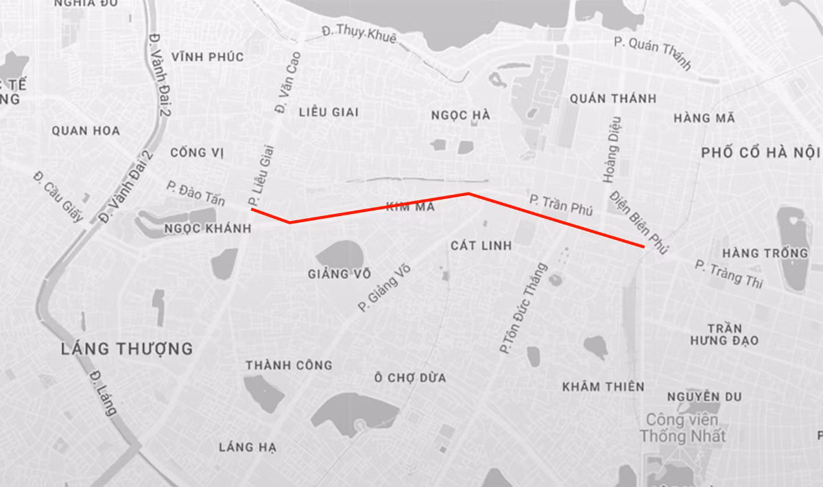 Bản đồ vị trí thường xuyên ùn tắc từ Lotte Center (ngã tư Đào Tấn) đến hết đường Nguyễn Thái Học. Ảnh: Google Maps.