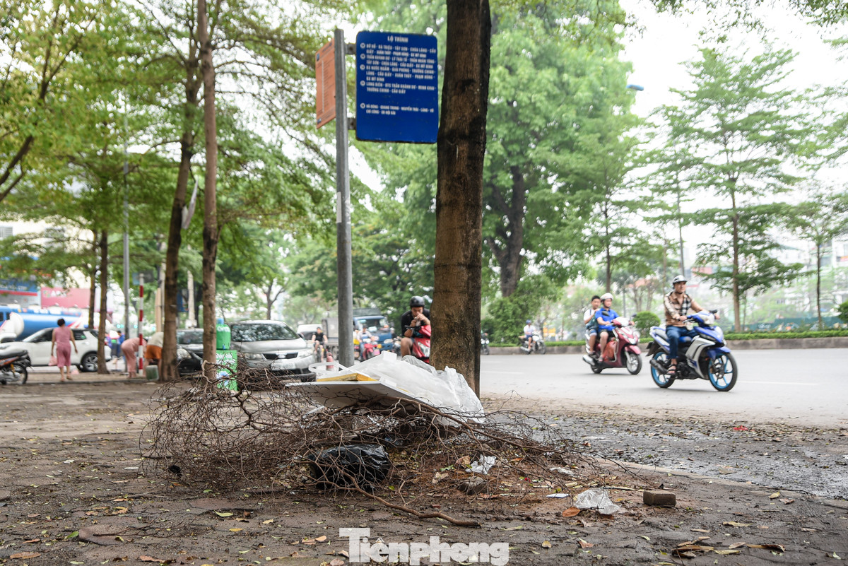 Cách đó không xa, một điểm đón xe buýt trên đường Láng cũng được dùng làm nơi tập kết rác của người dân.