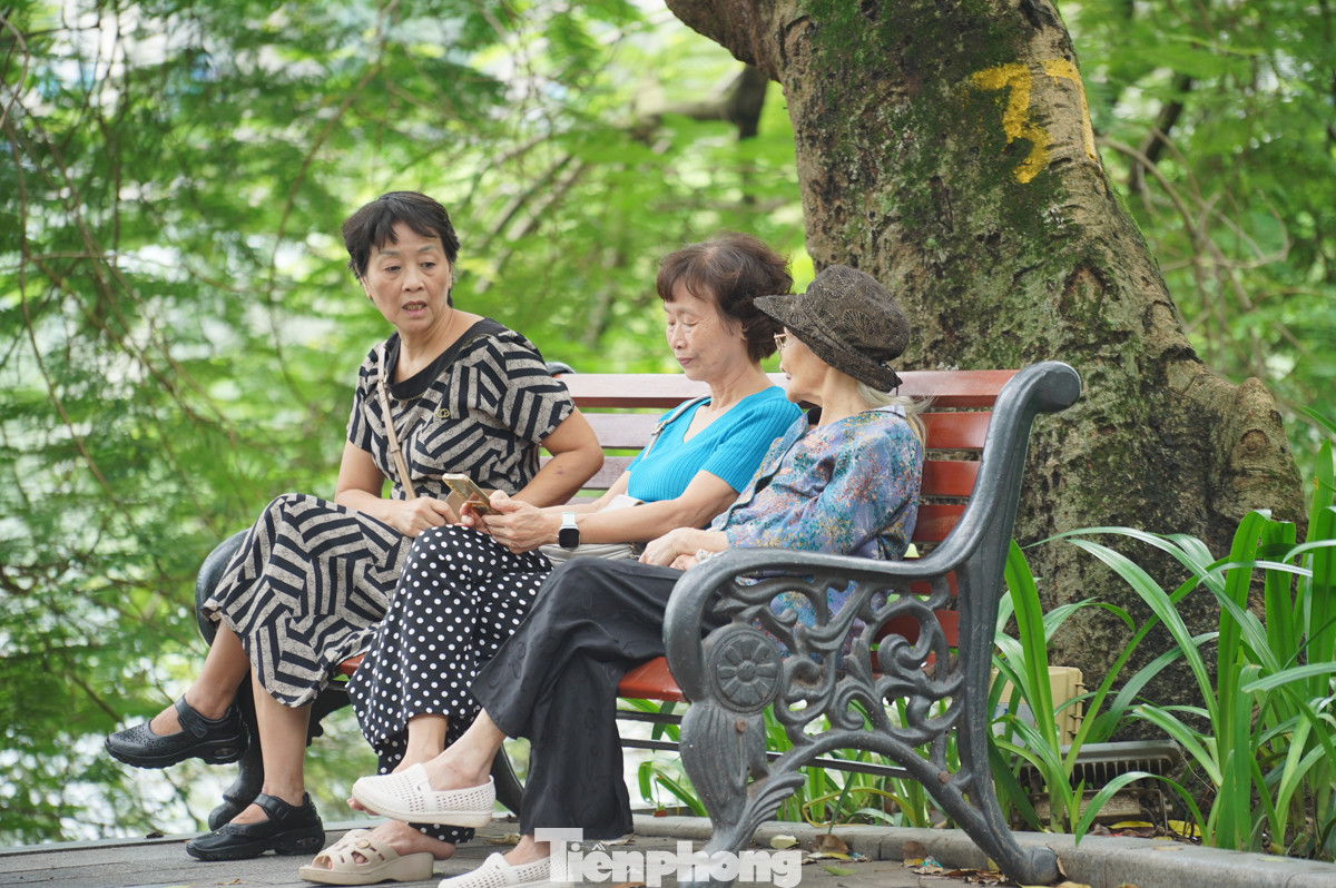 "Thời tiết Hà Nội mấy hôm trước mưa tầm tã rồi lại nắng gắt nên phải hơn 2 tuần, hôm nay chúng tôi mới quay lại Hồ Gươm ngồi trò chuyện, ngắm nhìn dòng người qua lại", cô Nguyễn Thị Đào (Hoàn Kiếm, Hà Nội) nói.