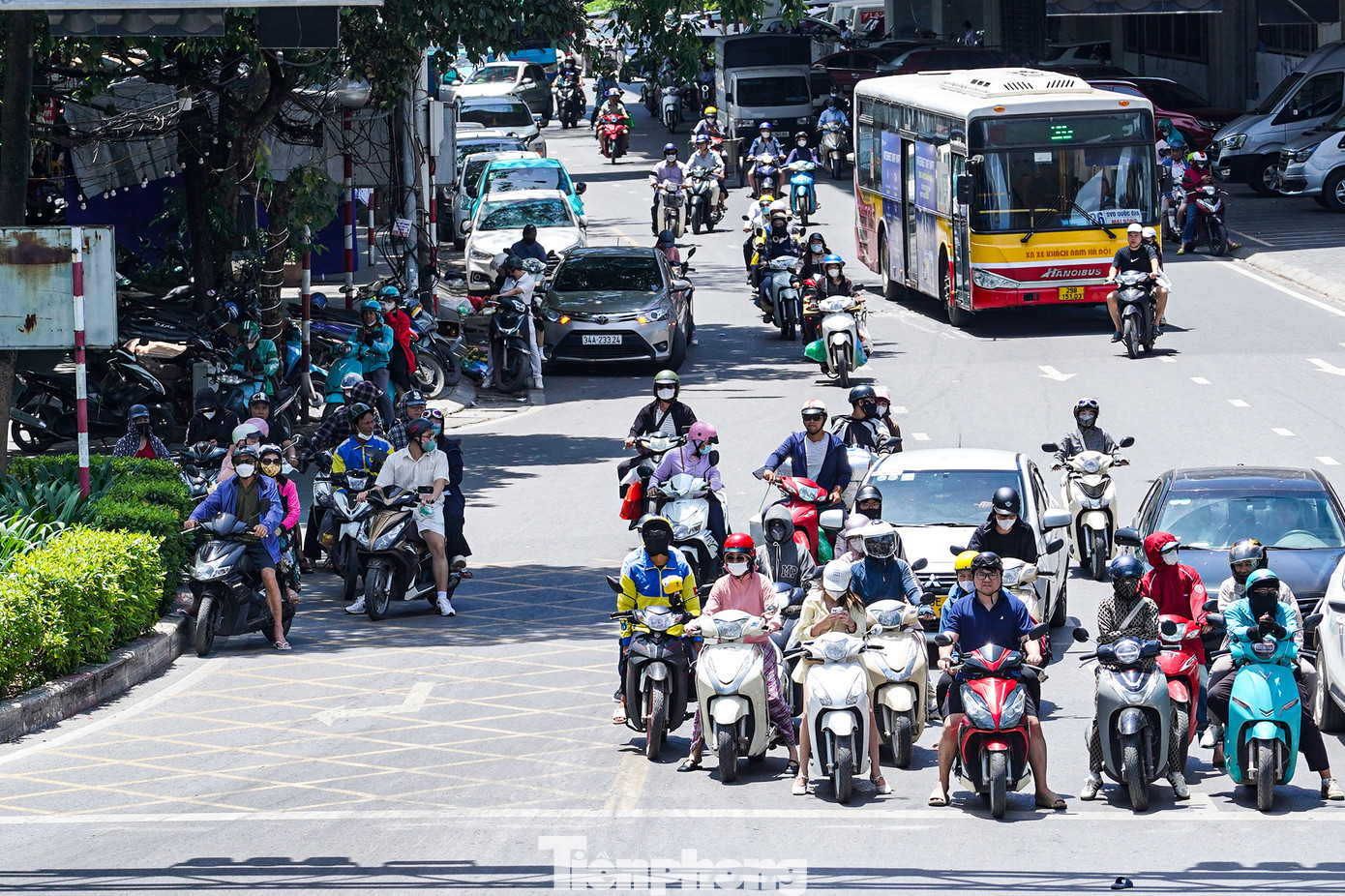 Nhiều người chọn nơi có bóng mát để dừng chờ đèn đỏ.
