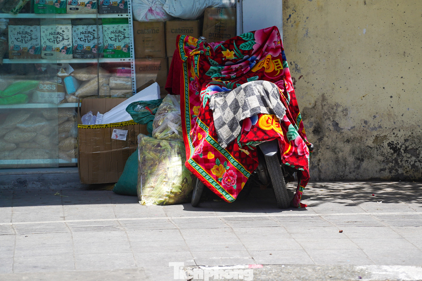 Người dân dùng cả chăn để bảo vệ xe máy.