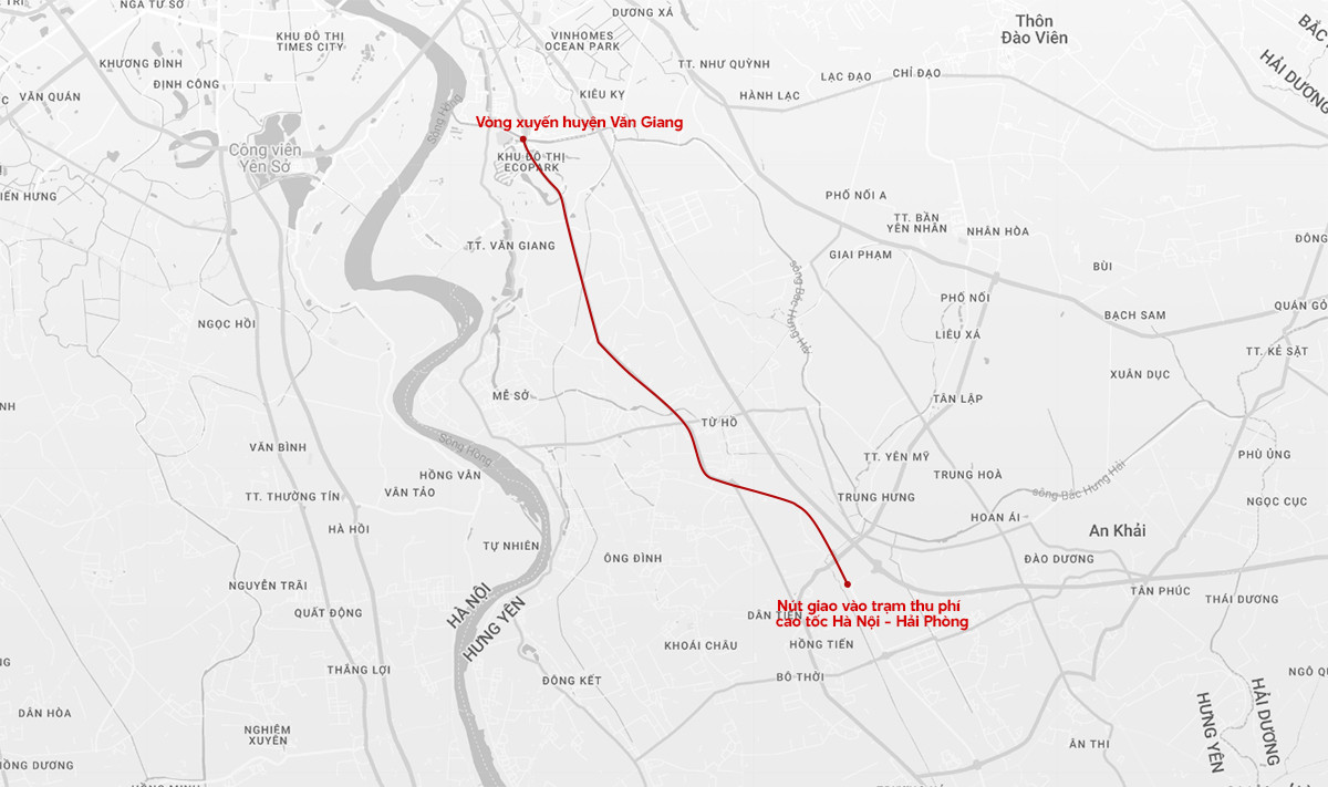 Bản đồ tuyến đường liên tỉnh Hà Nội - Hưng Yên kéo dài (Ảnh: Google Maps).