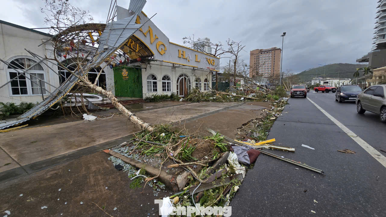 Quang cảnh tại Bãi Cháy sáng nay không ai nhận ra. Những con đường quen thuộc giờ đây bị bao phủ bởi cây cối gãy đổ, mái tôn, biển quảng cáo bay tứ tung.