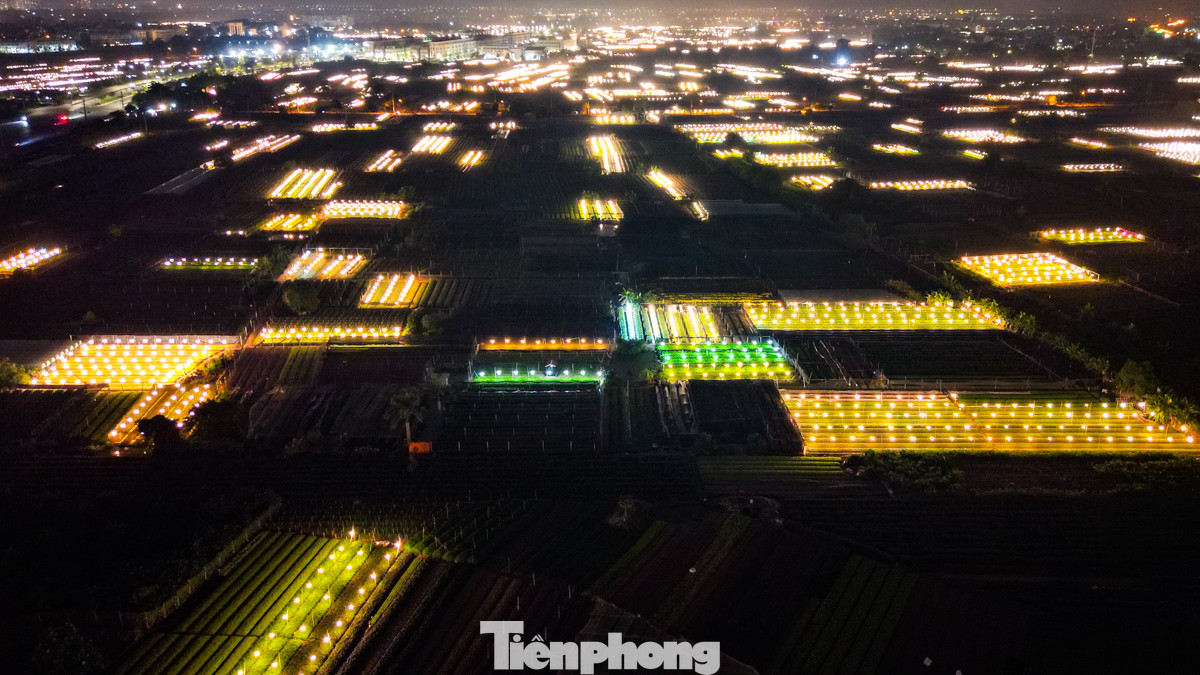 Nhìn từ trên cao, cảnh làng hoa Tây Tựu (Bắc Từ Liêm, Hà Nội) chong đèn về đêm rất đẹp mắt, khiến nhiều người thích thú.