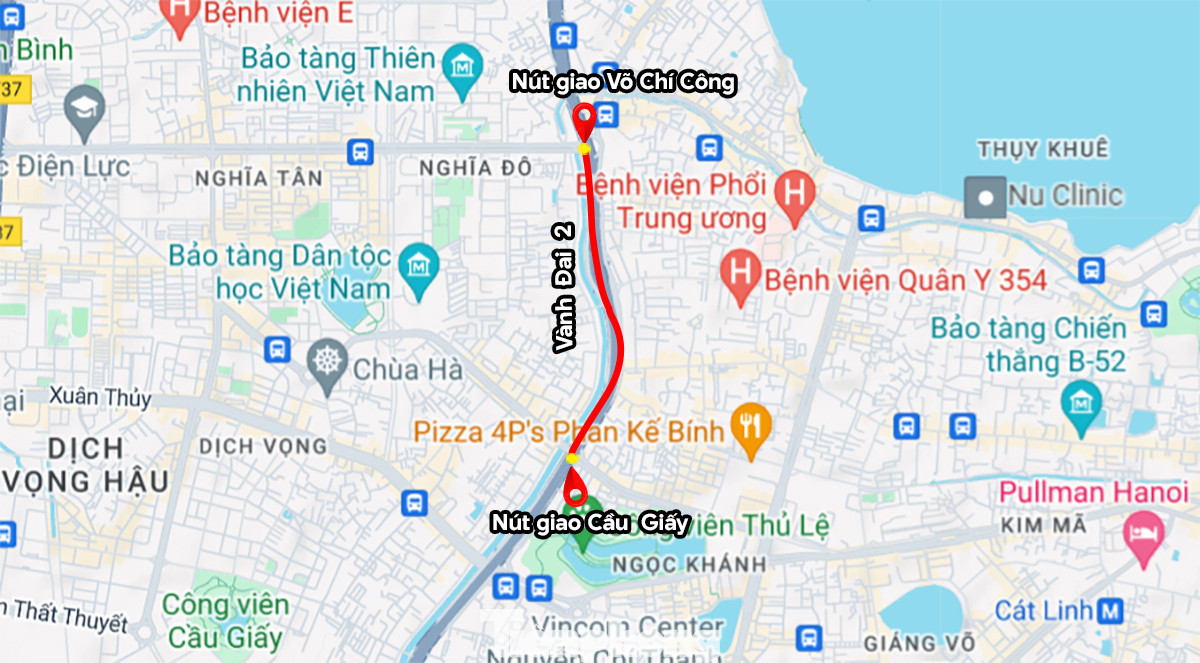 Vị trí đường Vành đai 2 trên cao ghi nhận (đoạn từ nút giao Cầu Giấy đến nút giao Võ Chí Công). Ảnh: Google Maps