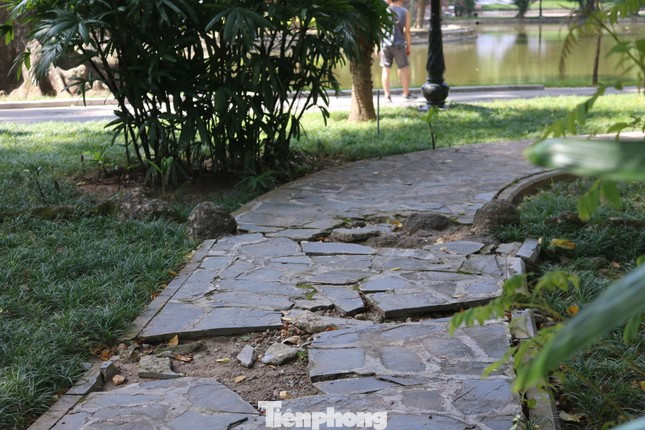 Vỉa hè xuống cấp, phần đất ven bờ hồ có phần sụt lún, những phiến gạch lát bờ hồ trồi sụt vừa gây mất mỹ quan vừa không đảm bảo an toàn được cho người dân khi đi dạo trong khuôn viên.