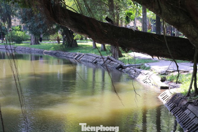 Vỉa hè xuống cấp, phần đất ven bờ hồ có phần sụt lún, những phiến gạch lát bờ hồ trồi sụt vừa gây mất mỹ quan vừa không đảm bảo an toàn được cho người dân khi đi dạo trong khuôn viên.