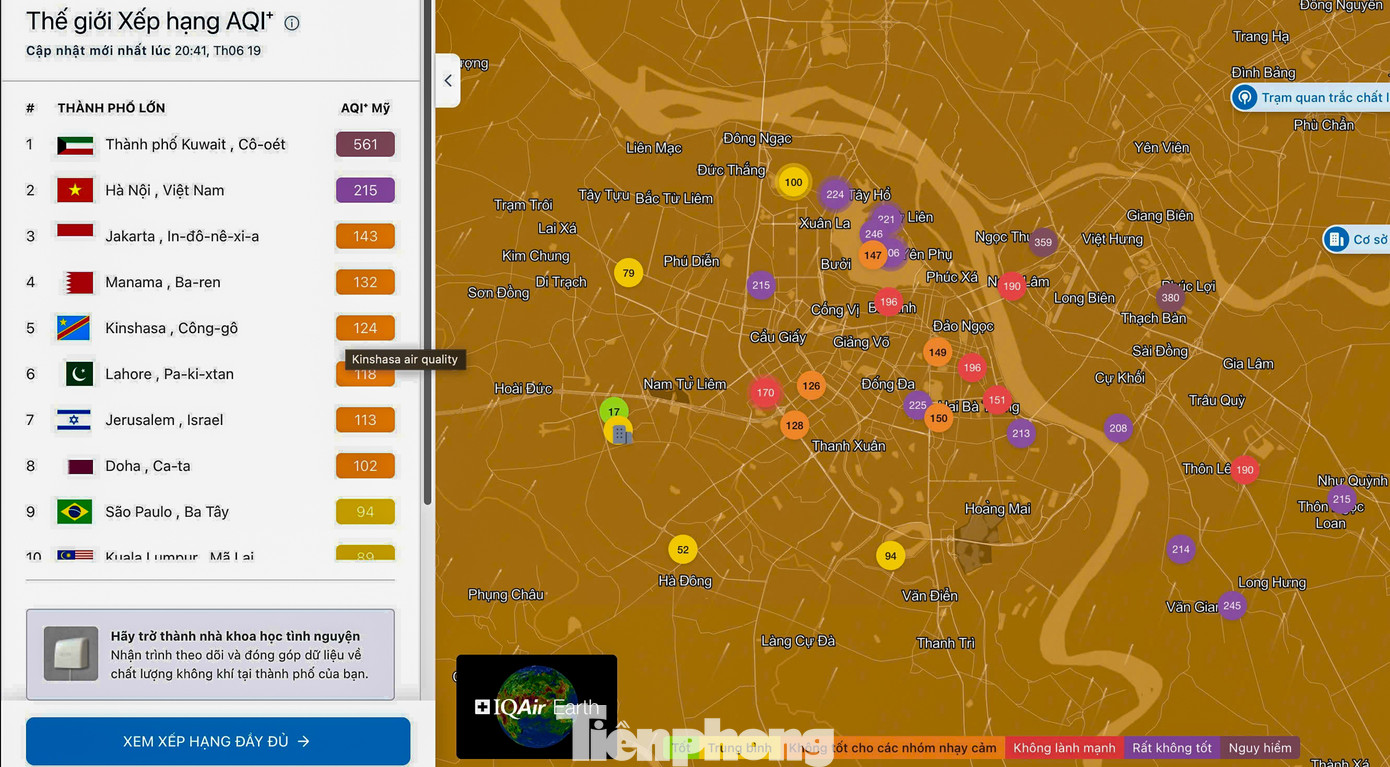 Theo dữ liệu từ trang web IQAir, lúc 21h ngày 19/6, chỉ số chất lượng không khí (AQI) tại Hà Nội đạt mức 215, thuộc nhóm &quot;không tốt cho sức khỏe&quot;.