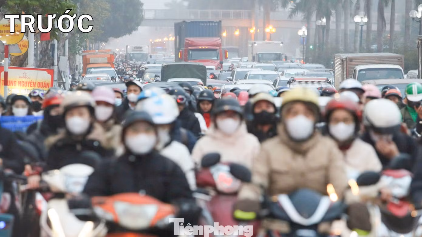 So với ngày 21/2, trong khung giờ cao điểm sáng, lưu lượng phương tiện trên hướng Trần Hữu Dực - Trịnh Văn Bô vẫn đông nhưng không còn ùn tắc kéo dài.