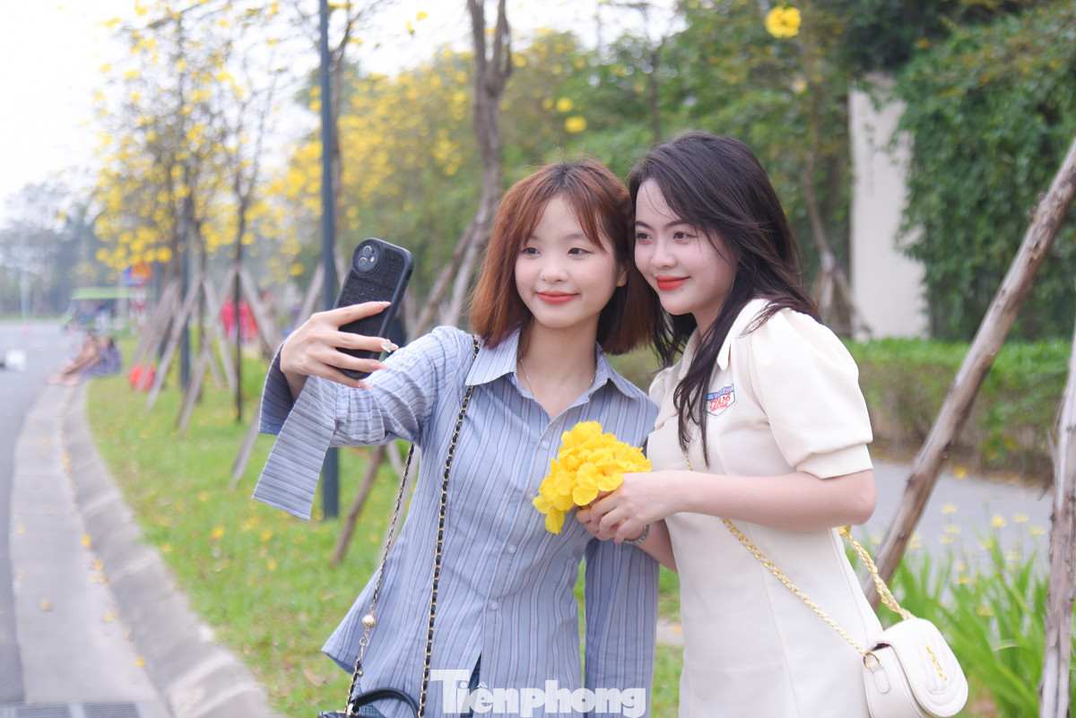 Bạn Phương Diễm (bên trái) cho biết: &quot;Đầu năm mới, hoa phong linh rất đẹp, màu vàng khiến cho mình cảm thấy không khí xuân rất đẹp. Mình cùng các bạn đến đây chụp ảnh, du xuân&quot;.