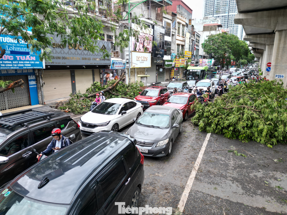 Tại đường Cầu Giấy, cây xanh bị đổ chưa được dọn dẹp án ngữ hết 1/2 lòng đường khiến cho giao thông tại đây tắc cứng từ 6h30 sáng.