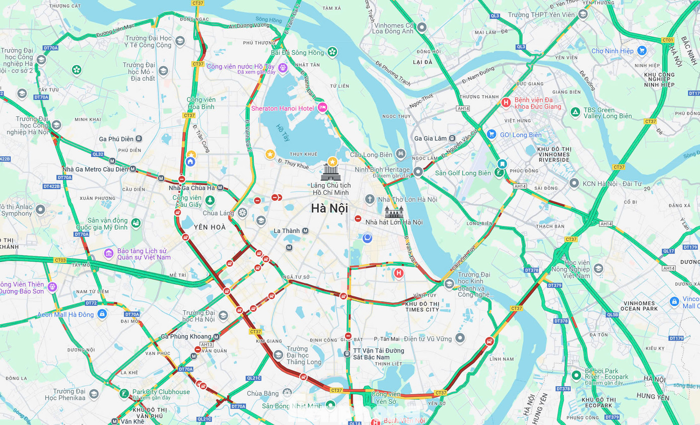 Bản đồ cho thấy các tuyến đường Thủ đô tắc cứng trong giờ cao điểm sáng nay. (Ảnh: Google Maps)