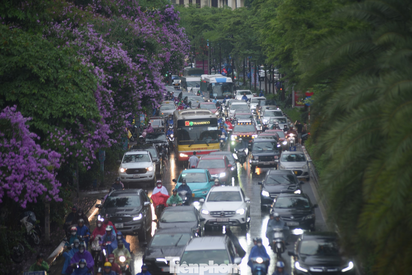 Dòng xe ô tô đan xen với xe máy nối đuôi nhau tìm đường về nhà dưới cơn mưa tầm tã trên đường Đào Tấn lúc 18 giờ.