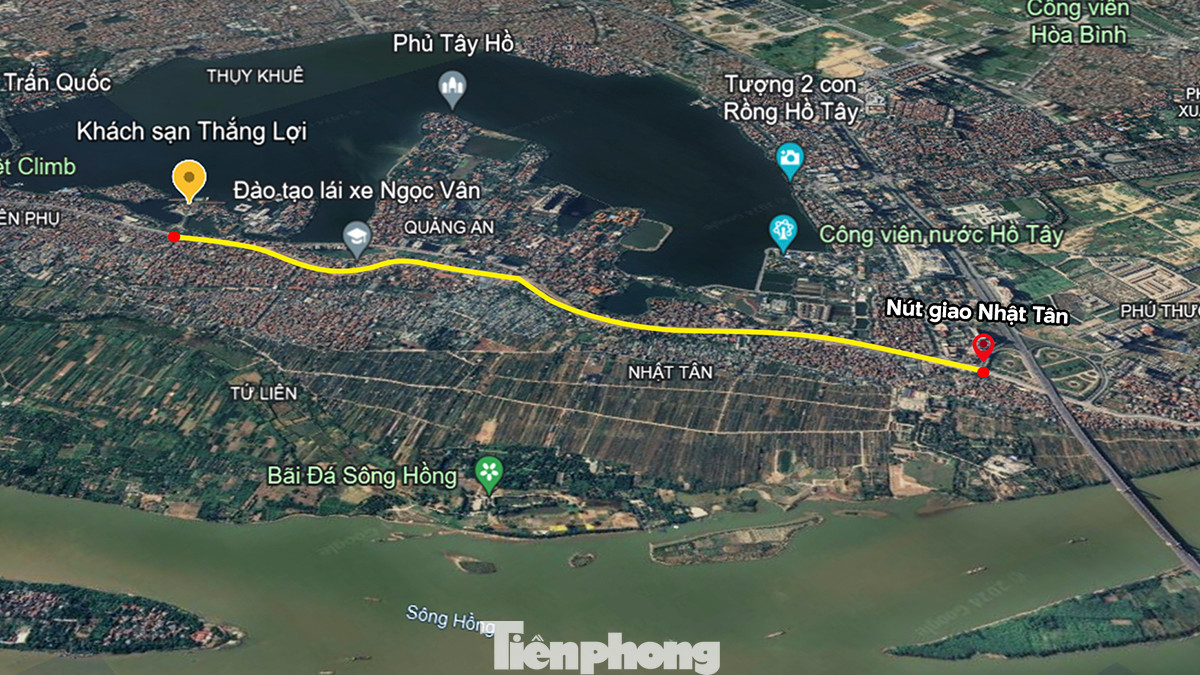 Bản đồ thể hiện vị trí xây dựng dự án mở rộng đường Âu Cơ - Nhật Tân. (Ảnh: Google Earth)