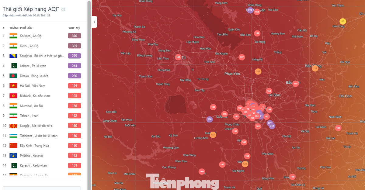 Từ 6 giờ ngày 25/11, theo dữ liệu từ trang web IQAir, chỉ số chất lượng không khí (AQI) tại Hà Nội đạt mức 194, thuộc nhóm không tốt cho sức khỏe.