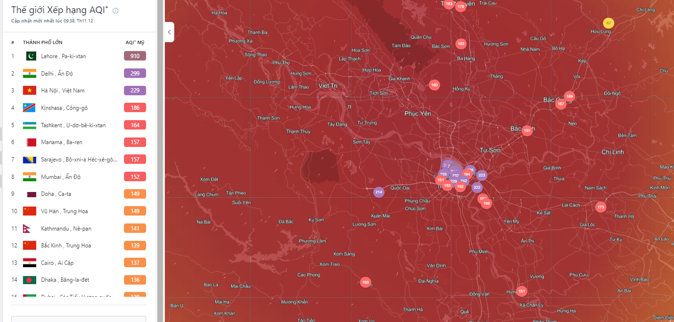 Theo thông tin từ website IQAir, vào lúc 9 giờ sáng 12/11, chỉ số chất lượng không khí (AQI) ở Hà Nội đạt 229, cho thấy mức độ ô nhiễm không tốt cho sức khỏe.