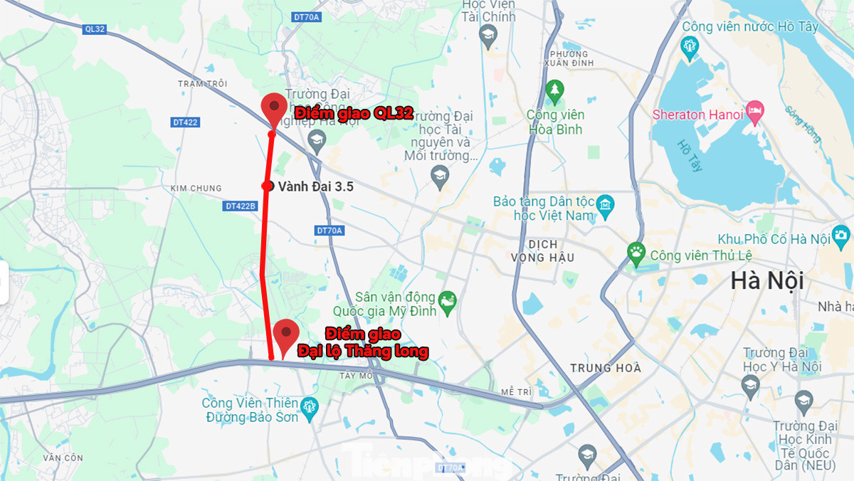Dự án xây dựng đường Vành đai 3,5 (đoạn từ Đại lộ Thăng Long đến QL32). Ảnh: Google maps.