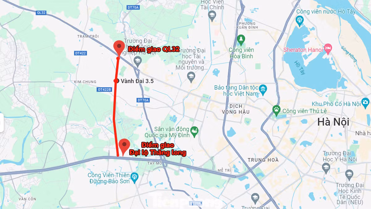 Dự án xây dựng đường Vành đai 3,5 (đoạn từ Đại lộ Thăng Long đến QL32). Ảnh: Google maps.
