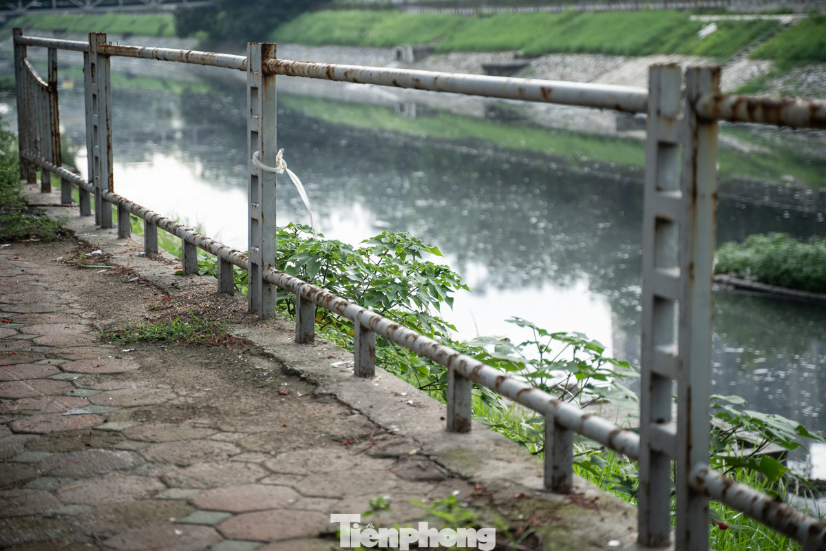 Phần lan can bảo vệ dọc theo bờ sông Tô Lịch (đoạn qua quận Cầu Giấy) cũng trong tình trạng xuống cấp nghiêm trọng. Nhiều lan can chỉ còn khung sắt bên ngoài, mất hết phần thanh chắn bên trong.