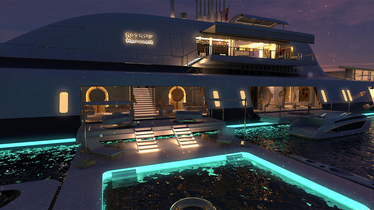 Du thuyền cũng sẽ sở hữu 2 bể bơi, một bể sục và đặc biệt là 1 sân bay trực thăng. Du thuyền cũng sẽ sở hữu 2 bể bơi, một bể sục và đặc biệt là 1 sân bay trực thăng.