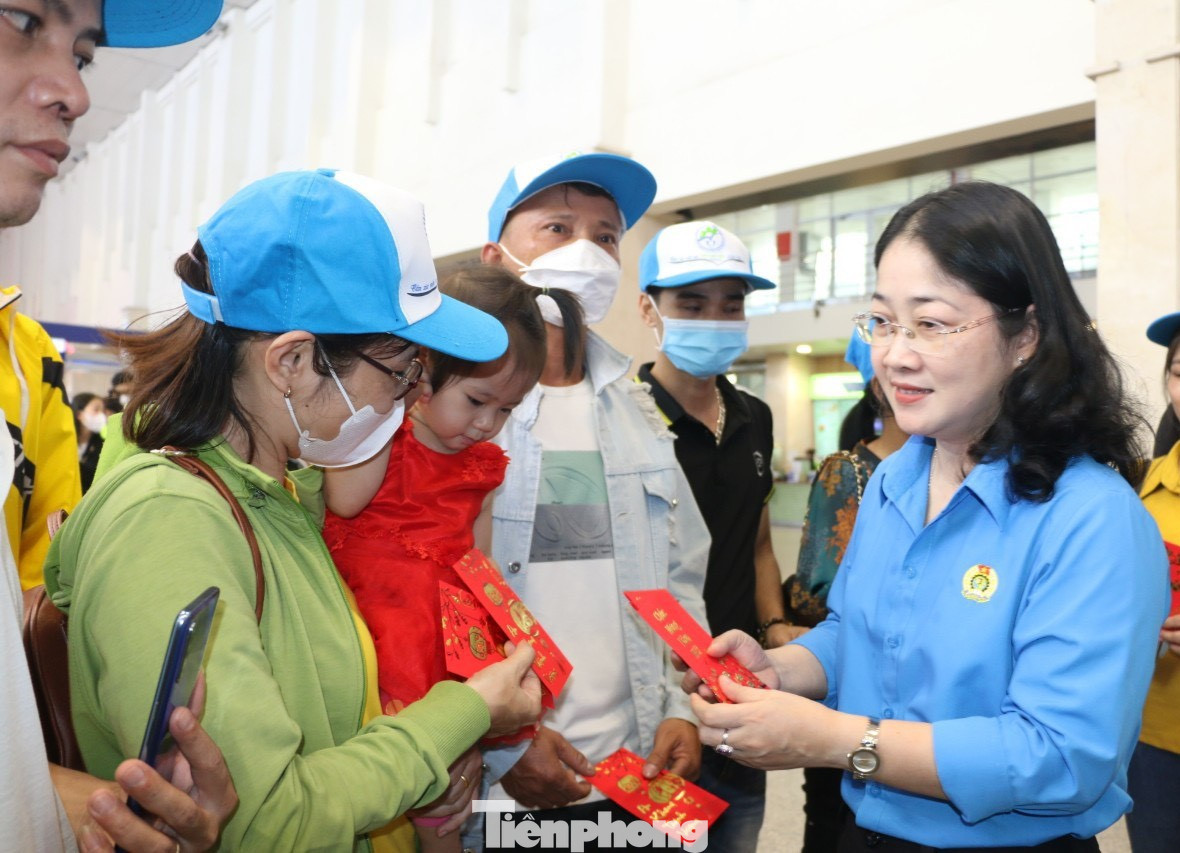 Chủ tịch LĐLĐ tỉnh Bình Dương Nguyễn Kim Loan (bìa phải) tặng lì xì cho công nhân. Chủ tịch LĐLĐ tỉnh Bình Dương Nguyễn Kim Loan (bìa phải) tặng lì xì cho công nhân.