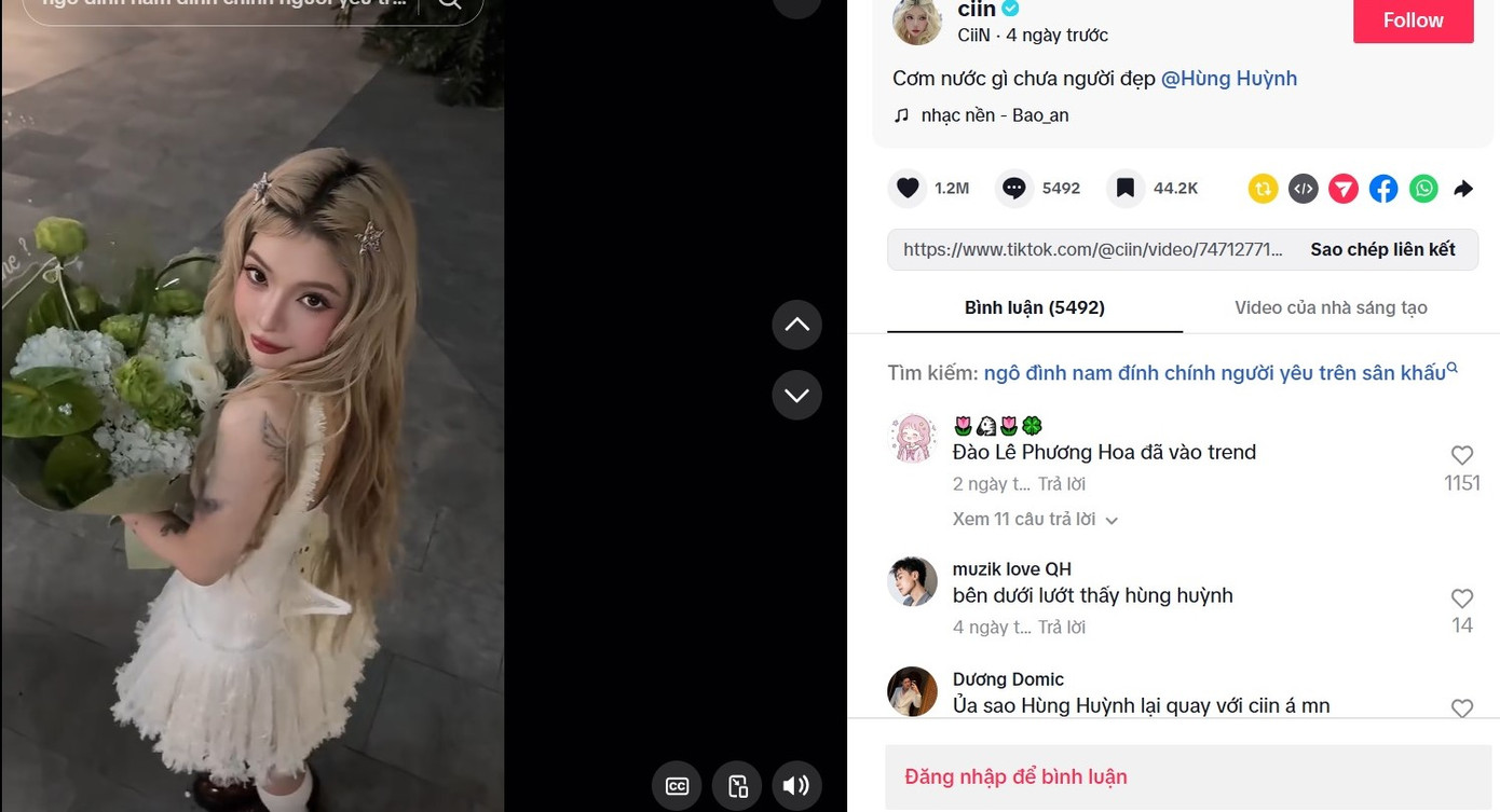'Hot TikToker' CiiN dù chỉ đăng đoạn video ngắn với 'Anh trai say hi' Hùng Huỳnh cùng với tiêu đề 'Cơm nước gì chưa người đẹp' cũng đã 'bỏ túi' 1,2 triệu 'thả tim', với hơn 5 nghìn lượt bình luận.