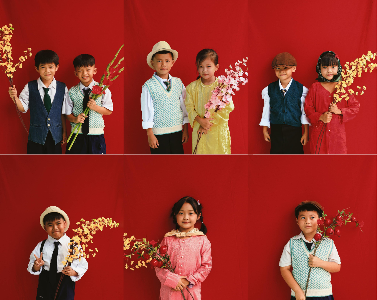 Các em nhỏ mặc áo bà ba, áo gile và cầm nhành mai, hoa ly... tạo dáng chụp ảnh chân dung. Các em nhỏ mặc áo bà ba, áo gile và cầm nhành mai, hoa ly... tạo dáng chụp ảnh chân dung.