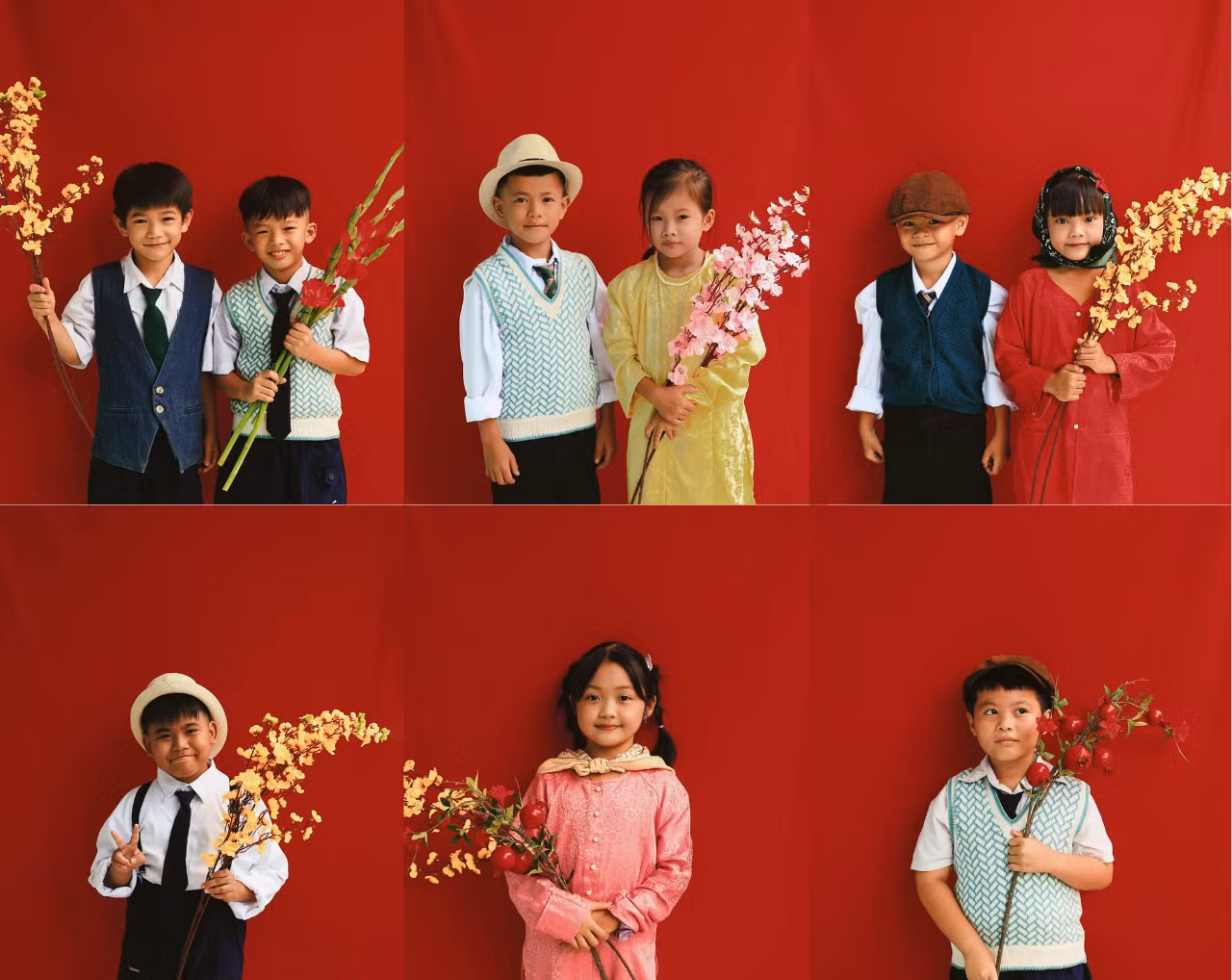 Các em nhỏ mặc áo bà ba, áo gile và cầm nhành mai, hoa ly... tạo dáng chụp ảnh chân dung. Các em nhỏ mặc áo bà ba, áo gile và cầm nhành mai, hoa ly... tạo dáng chụp ảnh chân dung.
