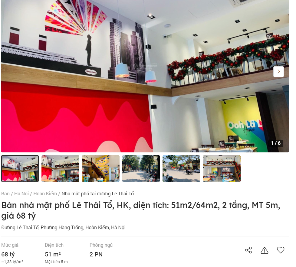 Căn nhà 2 tầng diện tích 55m2 đối diện quảng trường Đông Kinh Nghĩa Thục được ra giá 68 tỷ đồng, tương đương 1,24 tỷ đồng/m2.