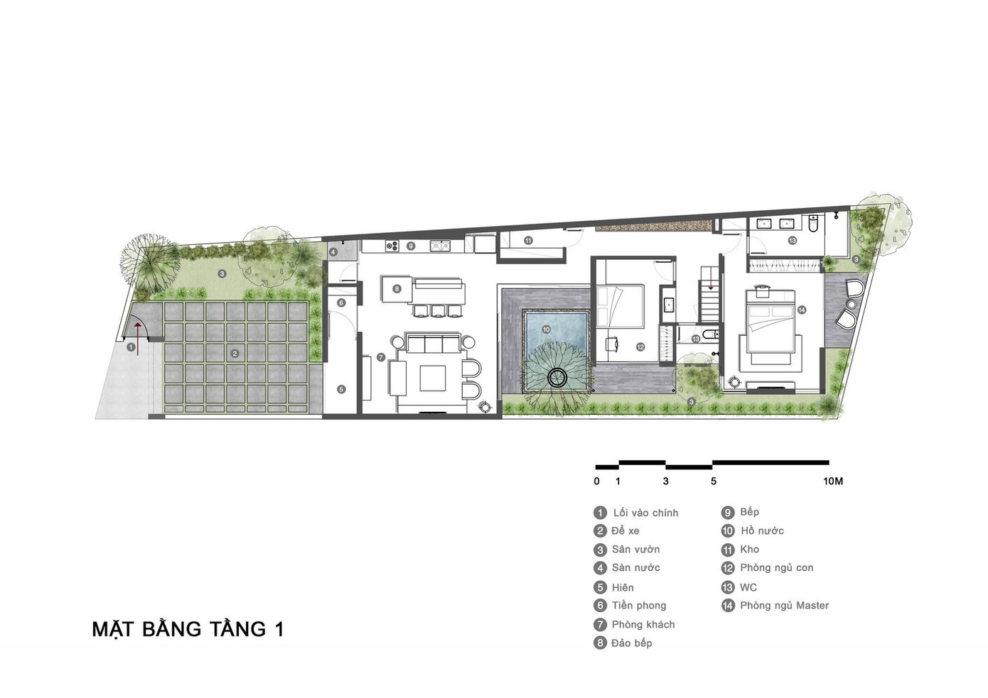Thấu hiểu mong muốn của gia chủ, trong lô đất rộng 273m2 kiến trúc sư (KTS) đã sử dụng 197m2 làm sàn, phần còn lại dùng làm sân vườn. Thấu hiểu mong muốn của gia chủ, trong lô đất rộng 273m2 kiến trúc sư (KTS) đã sử dụng 197m2 làm sàn, phần còn lại dùng làm sân vườn.