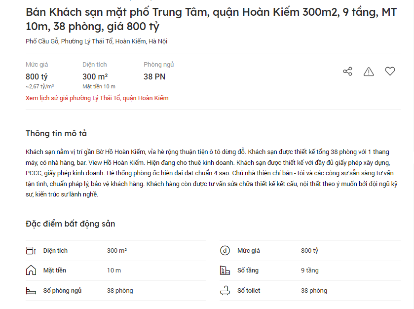 Một khách sạn trên phố cổ Hà Nội đang được rao bán với giá 2,67 tỷ đồng/m2.