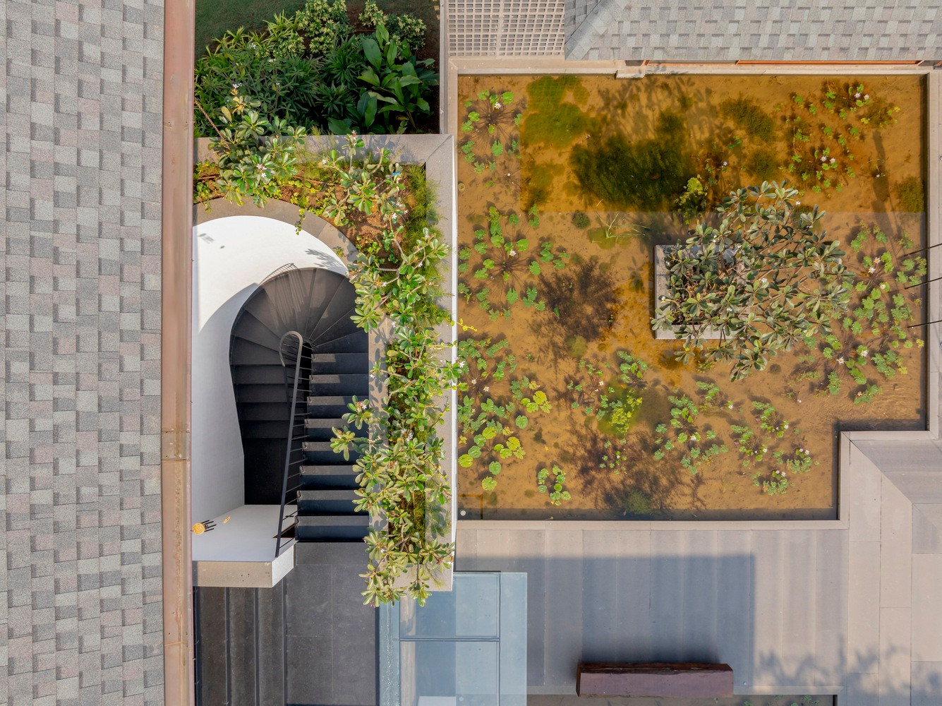 Cả khu nhà được bao phủ bởi cây cối xanh tươi, tạo nên một không gian yên tĩnh, thanh bình.