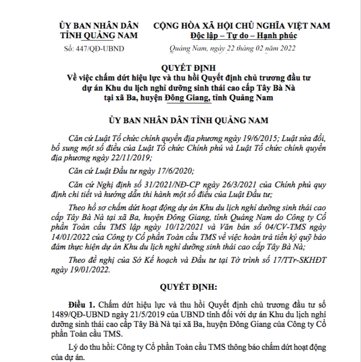 Quyết định chấm dứt hiệu lực và thu hồi chủ trương đầu tư dự án Khu du lịch nghỉ dưỡng sinh thái cao cấp Tây Bà Nà của Công ty CP Toàn cầu TMS.