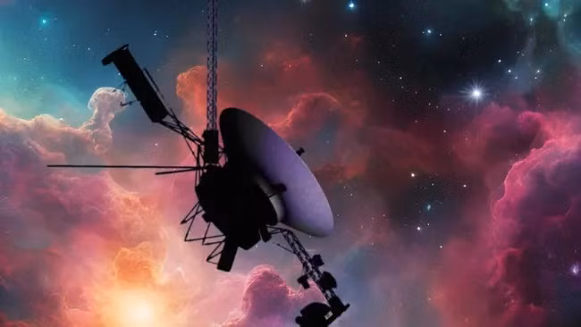 Minh họa về tàu vũ trụ Voyager 2 khám phá không gian bên ngoài hệ mặt trời (Ảnh: NASA/Robert Lea (tạo bằng Canva)