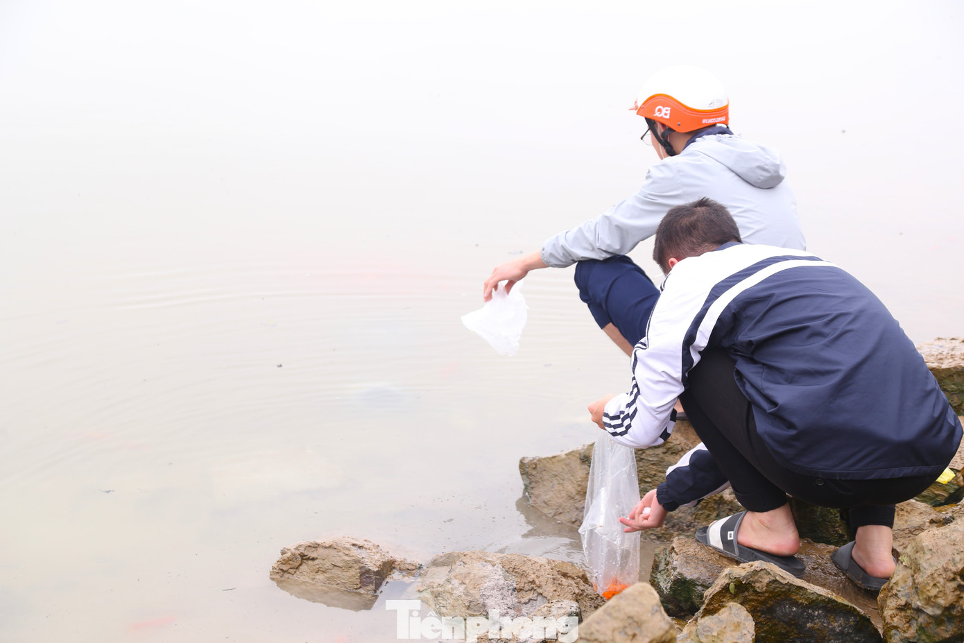 Người dân cẩn thận xuống tận bờ sông để thả cá