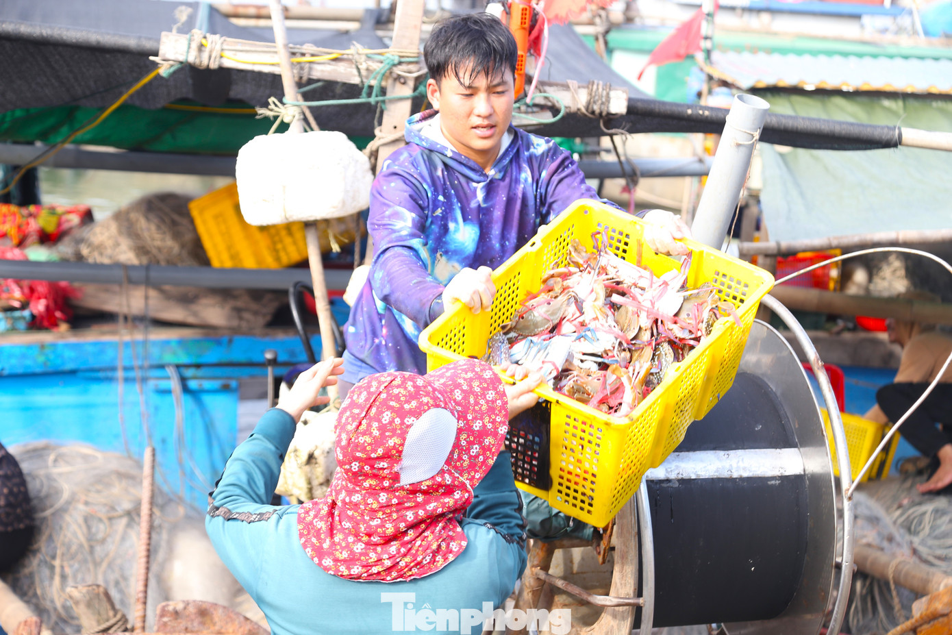 Những khay ghẹ được người dân đưa từ thuyền lên bờ để bán.