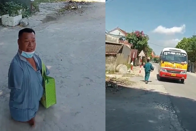 Hình ảnh người đàn ông khuyết tật khổ sở đón xe buýt được đăng tải lên mạng xã hội (ảnh cắt từ clip). Hình ảnh người đàn ông khuyết tật khổ sở đón xe buýt được đăng tải lên mạng xã hội (ảnh cắt từ clip).