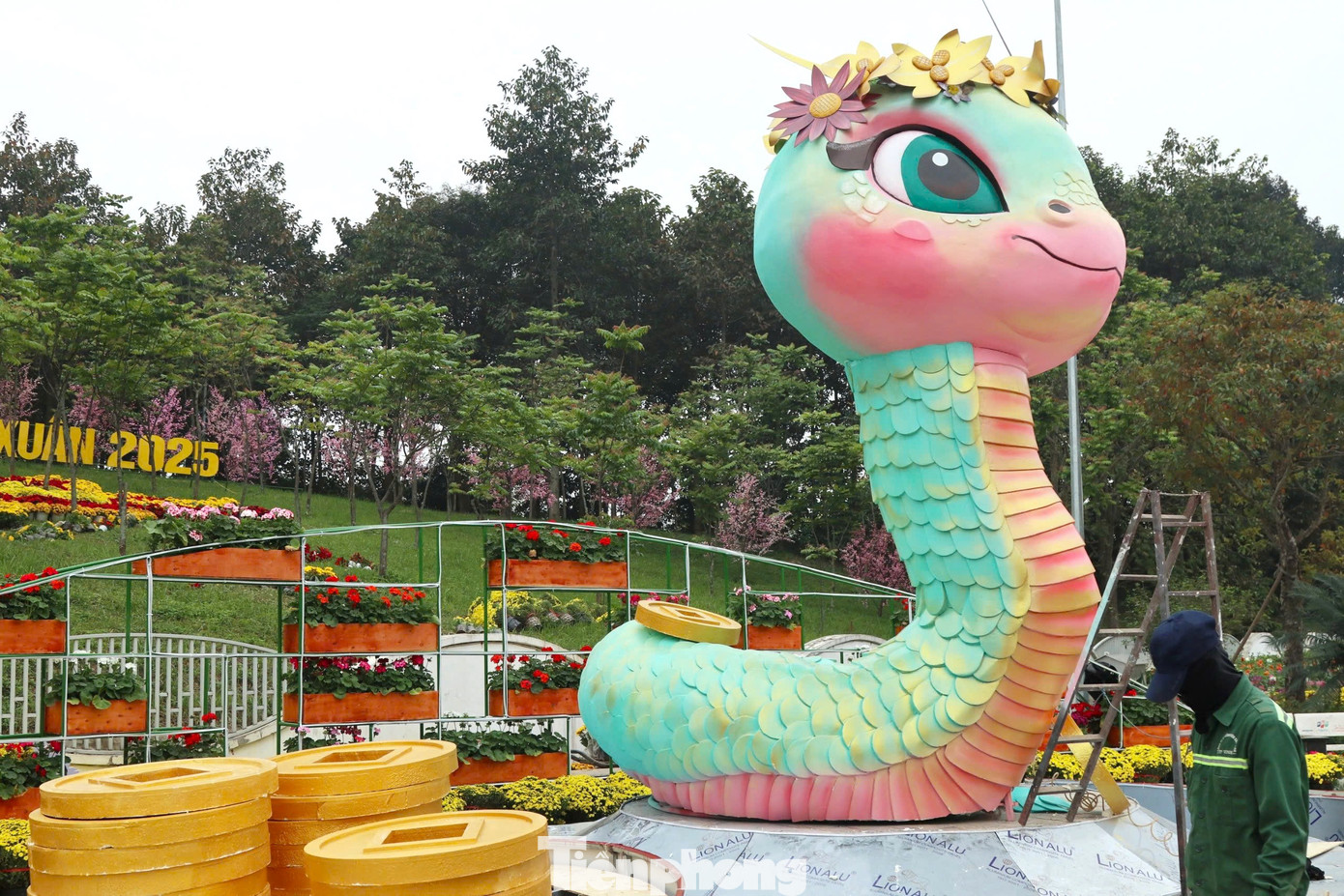 Ông Phan Thái Tổng (nghệ nhân làm linh vật rắn) cho biết linh vật rắn năm nay có chiều cao 4,4 m, chiều rộng khoảng 4m với 2 màu chủ đạo là xanh ngọc và hồng. Để làm được biểu tượng này, các nghệ nhân phải mất 10 ngày từ lên ý tưởng, tạo hình, sơn…