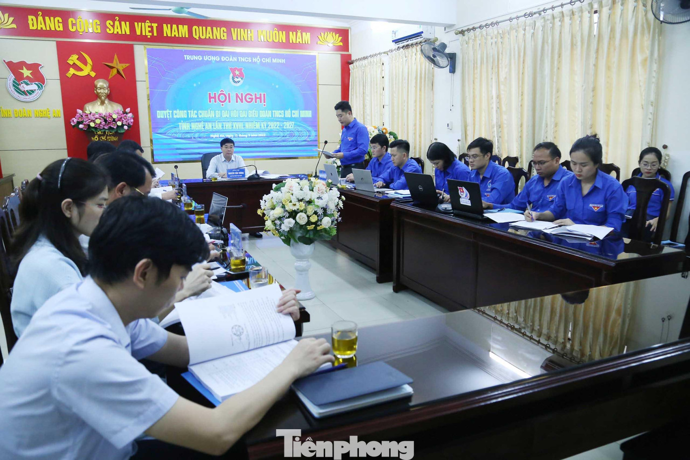 Quang cảnh buổi làm việc tại điểm cầu Tỉnh Đoàn Nghệ An. (Ảnh: TH)