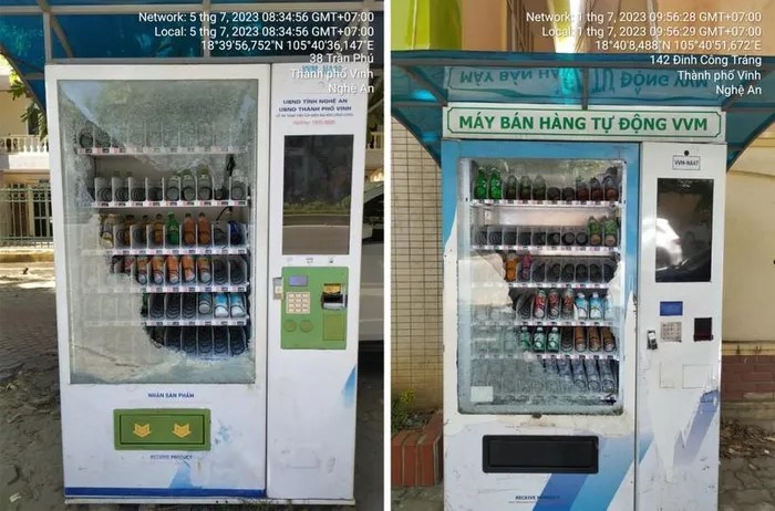 Hai trong số các máy bán hàng tự động bị đập phá. Hai trong số các máy bán hàng tự động bị đập phá.