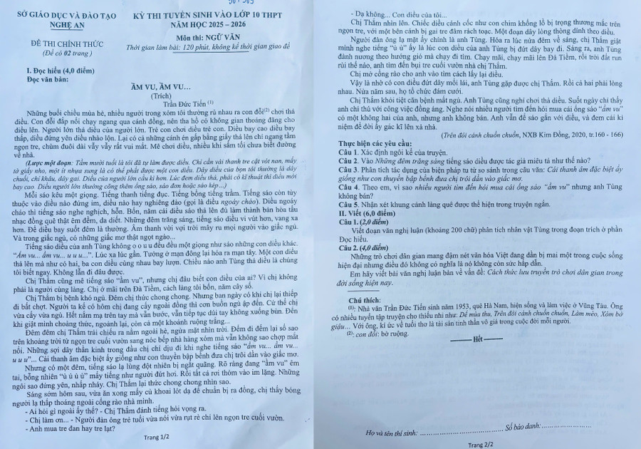 Đề thi môn Ngữ Văn tại Nghệ An Đề thi môn Ngữ Văn tại Nghệ An