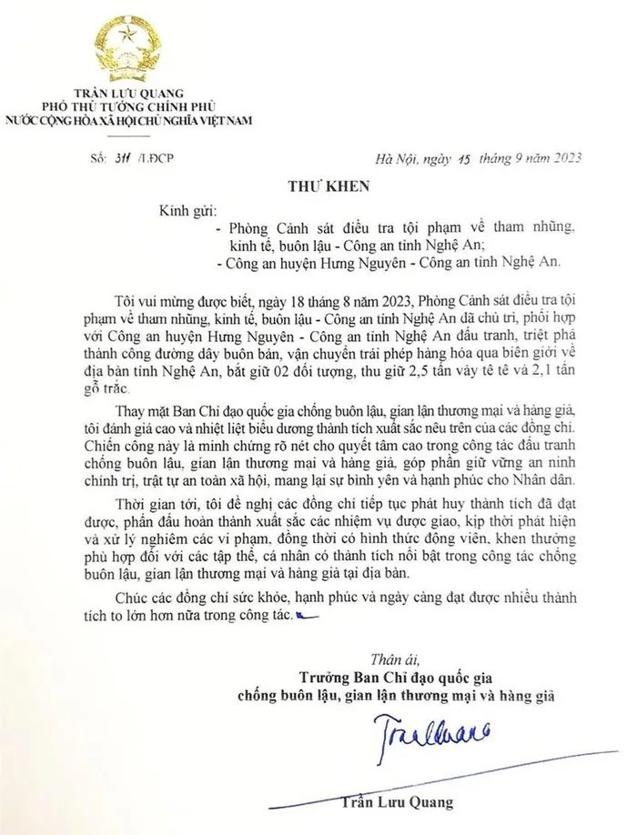 Thư khen của Phó Thủ tướng Trần Lưu Quang Thư khen của Phó Thủ tướng Trần Lưu Quang