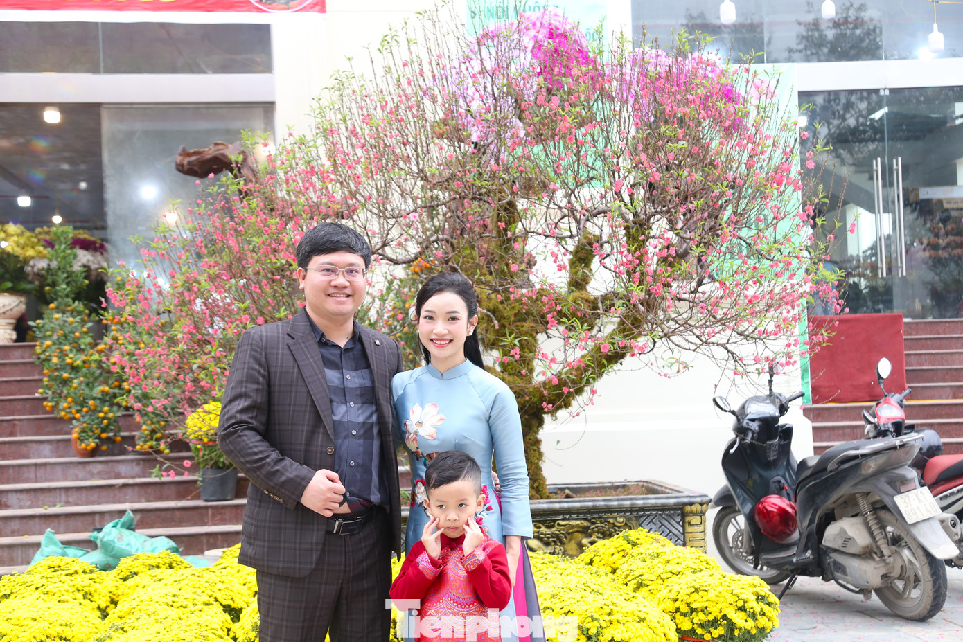 Một gia đình du xuân check-in bên gốc đào "khủng".