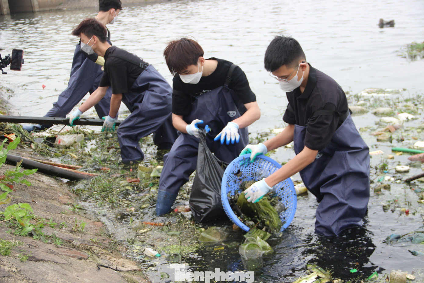 Trên dòng nước đen đặc rác, bốc mùi hôi thối, các bạn trẻ vẫn lội bùn, liên tục gom, vớt rác bỏ vào bịch ni lông đen rồi chuyền nhau chuyển lên bờ.