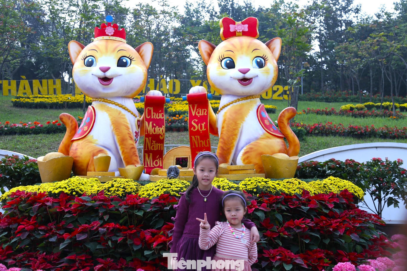 Cặp linh vật mèo "siêu đáng yêu" với tông màu chủ đạo là đỏ, vàng và trắng, tay cầm hai câu đối "chúc mừng năm mới/vạn sự như ý", là hình ảnh vua mèo và công chúa mèo, tượng trưng cho sự tiếp nối thế hệ trong xây dựng và phát triển thành phố